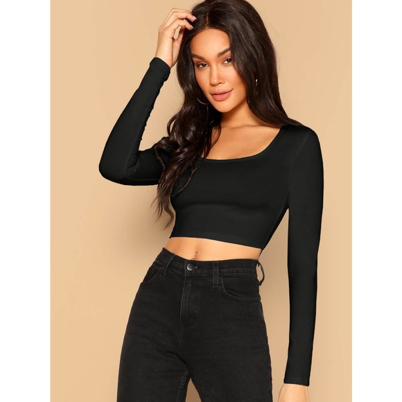 BohoGypsyDreamer Tops - scoop neck long sleeve Fitted crop Top y2k black